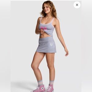 PINK X LOVESHACKFANCY -Gray Ribbed Tank and Mini Skirt Set with Pink Bow Detail